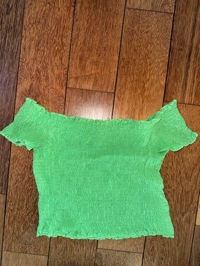 Paloma Wool Neon Green Smocked Off-Shoulder Crop Top